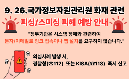 9.26 국가정보자원관리원 화재 관련 피싱·스미싱 피해 예방 안내정부기관은 시스템 장애와 관련하여 문자 · 이메일로 링크 접속이나 앱 설치를 요구하지않습니다의심사례 발생 시 경찰청(☎112) 또는 KISA(☎118) 즉시 신고