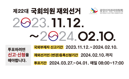 제22대 국회의원 재외선거2023. 11. 12. ~ 2024. 02. 10.투표하려면 신고·신청을 해야합니다.국외부재자 신고기간 : 2023. 11. 12. ~ 2024. 02. 10.재외선거인 (변경)등록신청기간 : 2024. 02. 10.까지투표기간 : 2024. 03. 28. ~ 04. 01. 매일 08:00 ~ 17:00중앙선거관리위원회