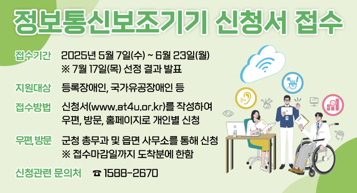 정보통신보조기기 신청서 접수ㅁ 접수기간: 2025. 5. 7.(수) ~ 6. 23.(월) / 7. 17.(목) 선정결과 발표ㅁ 지원대상: 등록장애인, 국가유공장애인 등ㅁ 접수방법: 신청서(www.at4u.or.kr)를 작성하여 우편, 방문, 홈페이지로 개인별 신청 ㅇ 우편, 방문: 군청 총무과 및 읍면 사무소를 통해 신청 / 접수마감일까지 도착분에 한함ㅁ 신청관련 문의처: ☎ 1588-2670