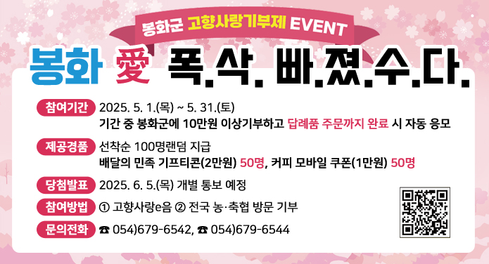 봉화군 고향사랑기부제 EVENT 봉화愛 폭삭 빠졌수다참여기간 : 2025. 5. 1.(목) ~ 5. 31.(토) 기간 중 봉화군에 10만원 이상 기부하고 답례품 주문까지 완료 시 자동 응모제공경품 : 선착순 100명 랜덤 지급배달의 민족 기프티콘(2만원) 50명, 커피 모바일 쿠폰(1만원) 50명당첨발표 : 2025. 6. 5. (목) 개별 통보 예정참여방법 : ① 고향사랑e음 ② 전국 농·축협 방문 기부문의전화 : 054-679-6542, 054-679-6544