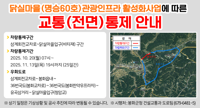 닭실마을(명승60호)관광인프라 활성화사업에 따른 교통(전면)통제 안내□ 차량통제구간 : 삼계회전교차로~닭실마을입구(비티재) 구간□ 차량통제기간 - 2025. 10. 20(월) 07시∼2025. 11. 13일(목) 19시까지 (25일간)□ 우회도로 - 삼계회전교차로~ 봉화읍내 ~ 36번국도(봉화교차로) ~ 36번국도(봉화한약우프라자) ~ 유곡삼거리 ~ 닭실마을입구(청암교)※ 상기 일정은 기상상황 및 공사 추진에 따라 변동될 수 있습니다.※ 시행처 : 봉화군청 건설교통과 도로팀 (679-6481~5)