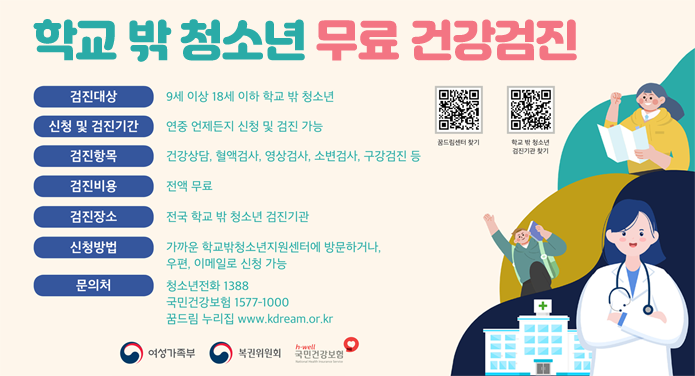 학교 밖 청소년 무료 건강검진 검진대상 : 9세 이상 18세 이하 학교 밖 청소년신청 및 검진기간 : 연중 언제든지 신청 및 검진 가능검진항목 : 건강상담, 혈액검사, 영상검사, 소변검사, 구강검진 등검진비용 : 전액 무료검진장소 : 전국 학교 밖 청소년 검진기관신청방법 : 가까운 학교밖청소년지원센터에 방문하거나 우편, 이메일로 신청 가능문의처 : 청소년전화 1388, 국민건강보험 1577-1000, 꿈드림 누리집 www.kdream.or.kr