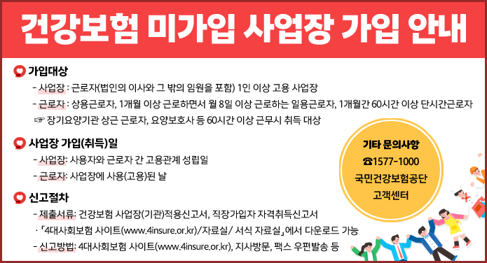 건강보험 미가입 사업장 가입 안내ㅁ 가입대상 ㅇ 사업장: 근로자(법인의 이사와 그 밖의 임원을 포함) 1인 이상 고용 사업장 ㅇ 근로자: 상용근로자, 1개월 이상 근로하면서 월 8일 이상 근로하는 일용근로자, 1개월간 60시간 이상 단시간근로자 ☞ 장기요양기관 상근 근로자, 요양보호사 등 60시간 이상 근무시 취득 대상ㅁ 사업장 가입(취득)일 ㅇ 사업장: 사용자와 근로자 간 고용관계 성립일 ㅇ 근로자: 사업장에 사용(고용)된 날ㅁ 신고절차 ㅇ 제출서류: 건강보험 사업장(기관)적용신고서, 직장가입자 자격취득신고서 - 「4대사회보험 사이트(www.4insure.or.kr)/자료실/ 서식 자료실」에서 다운로드 가능 ㅇ 신고방법: 4대사회보험 사이트(www.4insure.or.kr), 지사방문, 팩스 우편발송 등ㅁ 기타 문의사항: ☎1577-1000(국민건강보험공단 고객센터)