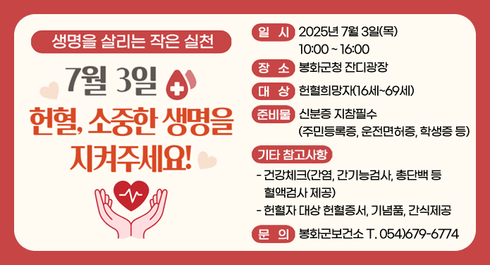 생명을 살리는 작은 실천7월3일 헌혈, 소중한 생명을 지켜주세요!일시 : 2025년 7월 3일(목) 10:00 ~ 16:00장소 : 봉화군청 잔디광장대상 : 헌혈희망자(16세~69세)준비물 : 신분증 지참필수(주민등록증, 운전면허증, 학생증 등)기타 참고사항 : - 건강체크(간염, 간기능검사, 총단백 등 혈액검사 제공)- 헌혈자 대상 헌혈증서, 기념품, 간식제공문의 : 봉화군보건소 T.054)679-6774