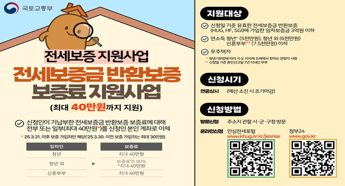 전세보증 지원사업전세보증금 반환보증 보증료 지원사업(최대 40만원까지 지원)