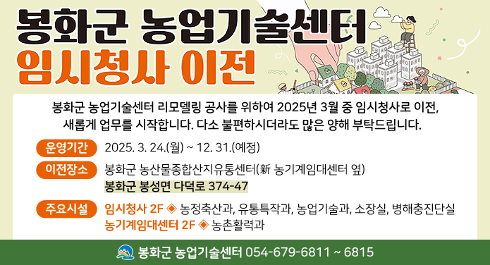 봉화군 농업기술센터 임시청사 이전봉화군 농업기술센터 리모델링 공사를 위하여 2025년 3월 중 임시청사로 이전, 새롭게 업무를 시작합니다. 다소 불편하시더라도 많은 양해 부탁드립니다.운영기간 : 2025. 3. 24.(월) ~ 12. 31.(예정)이전장소 : 봉화군 농산물종합산지유통센터(新 농기계임대센터 옆)봉화군 봉성면 다덕로 374-47주요시설 : 임시청사 2F ◈ 농정축산과, 유통특작과, 농업기술과, 소장실, 병해충진단실농기계 임대센터 2F ◈ 농촌활력과봉화군 농업기술센터 054-679-6811 ~ 6815