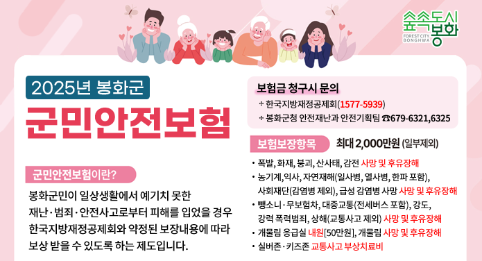 2025년 봉화군 군민안전보험군민안전보험이란? 봉화군민이 일상생활에서 예기치 못한 재난·범죄·안전사고로부터 피해를 입었을 경우 한국지방재정공제회와 약정된 보장내용에 따라 보상받을 수 있도록 하는 제도입니다.보험금 청구시 문의 : 한국지방재정공제회(1577-5939) / 봉화군청 안전재난과 안전기획팀(☎679-6321,6325)보험보장항목 최대 2,000만원(일부제외)＊ 폭발, 화재, 붕괴, 산사태, 감전 사망 및 후유장해＊ 농기계, 익사, 자연재해(일사병, 열사병, 한파 포함), 사회재단(감염병 제외), 급성 감염병 사망 사망 및 후유장해＊ 뺑소니·무보험차, 강도, 강력 폭력범죄, 대중교통(전세버스 포함), 상해(교통사고 제외) 사망 및 후유장해＊ 개물림 응급실 내원(50만원), 개물림 사망 및 후유장해＊ 실버존·키즈존 교통사고 부상치료비