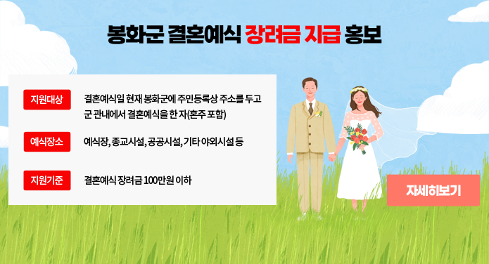 봉화군 결혼예식 장려금 지급홍보지원기준 결혼예식일 현재 봉화군에 주민등록상 주소를 두고 군 관내에서 결혼 예식을 한자 (혼주포함)지원대상 예식장,종교시설,공공시설,기타 야외시설등예식장소 결혼예식 장려금 100만원 이하자세히보기