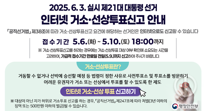 2025. 6. 3. 실시 제21대 대통령 선거 인터넷 거소·선상투표신고 안내「공직선거법」제 38조에 따라 거소·선상투표신고 요건에 해당하는 선거인은 인터넷으로도 신고할 수 있습니다.접수기간 5. 6.(화) ~ 5. 10.(토) 18:00까지※ 거소·선상투표신고를 하려는 경우에는 거소·선상투표 대상 여부 확인에 소요되는 시간을 고려하여, 가급적 접수기간 만료일 전일(5.9.)까지 신고하여 주시기 바랍니다.거소·선상투표란?거동할 수 없거나 선박에 승선할 예정 등 법령이 정한 사유로 사전투표소 및 투표소를 방문하기 어려운 유권자가 거소 또는 선상에서 투표를 할 수 있도록 한 제도인터넷 거소·선상 투표 신고하기※ 대상이 아닌 자가 허위로 거소투표를 신고하는 경우, 「공직선거법」제247조에 따라 처벌(3년 이하의 징역 또는 500만원 이하의 벌금) 될 수 있습니다.행정안전부