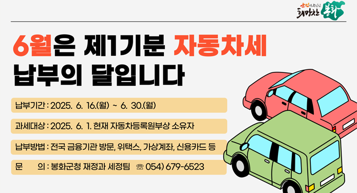 6월은 제1기분 자동차세 납부의 달입니다납부기간 : 2025. 6. 16.(월) ~ 6. 30.(월)과세대상 : 2025. 6. 1.현재 자동차등록원부상 소유자납부방법 : 전국 금융기관 방문, 위택스, 가상계좌, 신용카드 등문의 : 봉화군청 재정과 세정팀 ☎054-679-6523