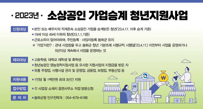 소상공인 가업승계 청년지원사업신청대상 : 본인 또는 배우자의 직계존속 소상공인 가업을 승계받은 청년(23.4.17이후 승계 기준), 19세 이상 49세 이하의 청년(23.1.1.기준), 근로소득이 없어야하며, 주민등록 및 사업자등록 봉화군 유지제외대상 : 고등학생, 대학교 재학생 및 휴학생, 청년농업인 영농정착지원사업 등 지원사업의 지원금을 받은 자, 유흥 주점업, 사행시설 관리 및 운영업, 금융업, 보험업, 부동산업 등지원내용 : 1인당 월 1백만원 최대 3년간 지원접수방법 : 각 사업장 소재지 읍면사무소 직접 방문신청문의처 : 봉화군청 인구녀략과 054-679-6188