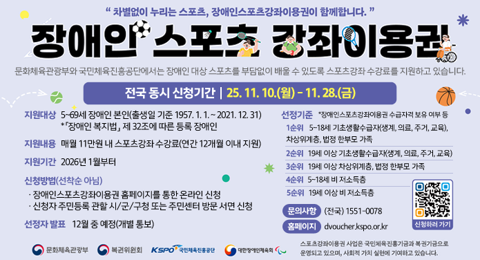 차별없이 누리는 스포츠, 장애인스포츠강좌이용권이 함께합니다.장애인 스포츠 강좌이용권전국 동시 신청기간 25. 11. 10.(월) - 11. 28.(금)문화체육관광부와 국민체육진흥공단에서는 장애인 대상 스포츠를 부담없이 배울 수 있도록 스포츠강좌 수강료를 지원하고 있습니다.지원대상 : 5~69세 장애인 본인(출생일 기준 1957. 1. 1. ~ 2021. 12. 31.)*「장애인 복지법」제 32조에 따른 등록 장애인지원내용 : 매월 11만원 내 스포츠강좌 수강료(연간 12개월 이내 지원)지원기간 : 2026년 1월부터신청방법(선착순아님) : · 장애인스포츠강좌이용권 홈페이지를 통한 온라인 신청, · 신청자 주민등록 관할 시/군/구청 또는 주민센터 방문 서면 신청선정기준 : 1순위 - 5~19세 기초생활수급자(생계, 의료, 주거, 교육), 차상위계층, 법정 한부모 가족, 2순위 - 19세 이상 기초생활수급자(생계, 의료, 주거, 교육), 3순위 - 19세 이상 차상위계층, 법정 한부모 가족, 4순위 - 5~18세 비 저소득층, 5순위 - 19세 이상 비 저소득층 *장애인스포츠강좌이용권 수급자격 보유 여부 등선정자 발표 : 12월 중 예정(개별 통보)문의사항 : (전국) 1551-0078홈페이지 : dvoucher.kspo.or.kr스포츠강좌이용권 사업은 국민체육진흥기금과 복권기금으로 운영되고 있으며, 사회적 가치 실현에 기여하고 있습니다.