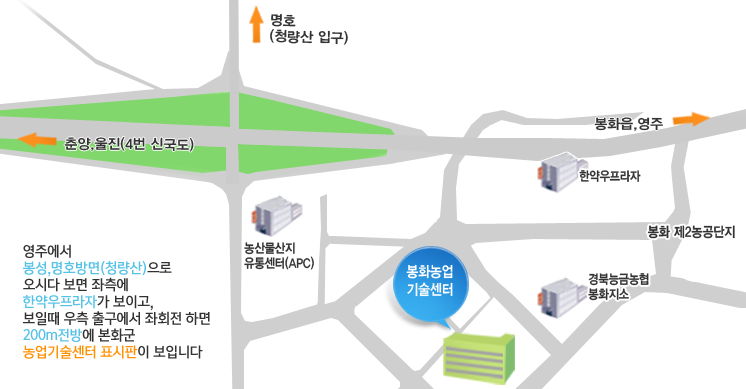 영주에서 본성,명호방면(청량산)으로 오시다 보면 좌측에 한약우프라자가보이면, 우측 출구에서 좌회전 하면 200m전방에 봉화군 농업기술센터 표시판이보입니다.