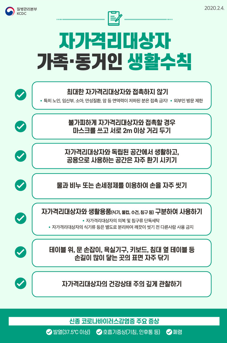 질병관리본부 KCDC. 2020.2.4. 자가격리대상자 가족·동거인 생활수칙 - 최대한 자가격리대상자와 접촉하지 않기(특히 노인, 임산부, 소아, 만성질환, 암 등 면역력이 저하된 분은 접촉 금지!, 외부인 방문 제한), 불가피하게 자가격리대상자와 접촉할 경우 마스크를 쓰고 서로 2m이상 거리 두기, 자가격리대상자와 독립된 공간에서 생활하고 공용으로 사용하는 공간은 자주 환기 시키기, 물과 비누 또는 손세정제를 이용하여 손을 자주 씻기, 자가격리대상자와 생활용품(식기, 물컵, 수건, 침구 등) 구분하여 사용하기(자가격리대상자와 의복 및 침구류 단독세탁, 자가격리대상자의 식기류 등은 별도 분리하여 깨끗이 씻기 전 다른사람 사용 금지), 테이블 위, 문 손잡이, 욕실기구, 키보드, 침대 옆 테이블 등 손길이 많이 닿는 곳의 표면 자주 닦기, 자가격리 대상자의 건강상태 주의 깊게 관찰하기. 신종 코로나바이러스감염증 주요 증상 - 발열(37.5℃이상), 권태감, 인후통, 호흡기증상(기침, 호흡곤란 등), 폐렴.