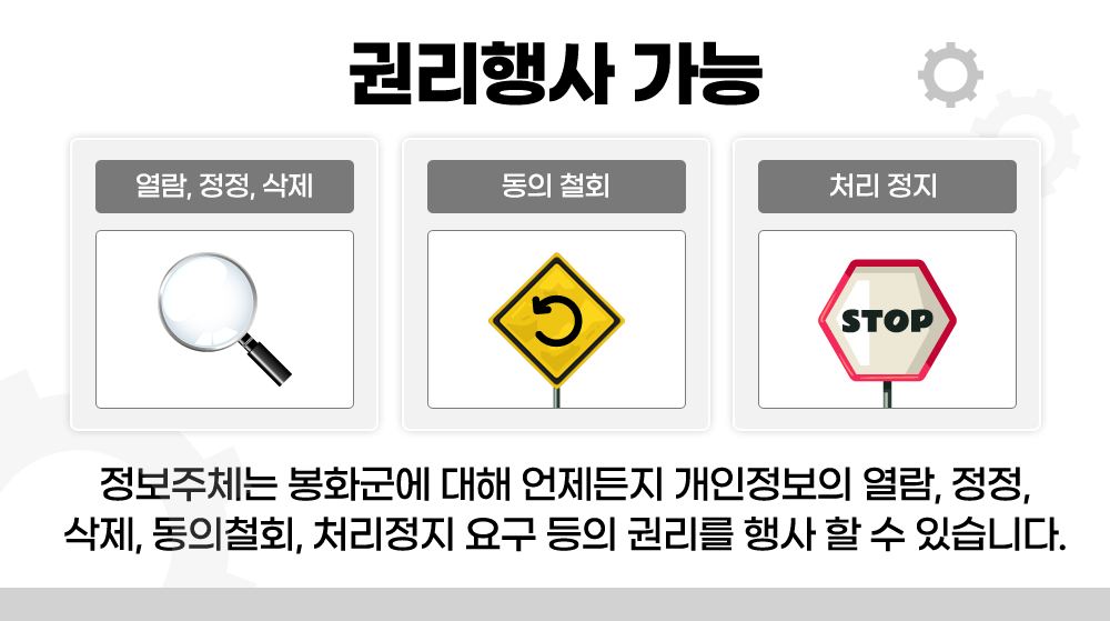 권리행사 가능 - 열람, 정정, 삭제, 동의 철회, 처리 정지. 정보주체는 봉화군에 대해 언제든지 개인정보의 열람, 정정, 삭제, 동의철회, 처리정지 요구 등의 권리를 행사할 수 있습니다.