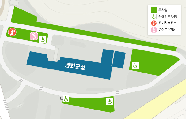 봉화군청을 기준으로 동서남북 방향으로 주차장이 있고, 장애인주차장은 서쪽 주차장 오른쪽 끝, 동쪽 주차장 왼쪽 끝, 남쪽 주차장 오른쪽 끝, 왼쪽 끝에 위치. 전기차 충전소는 서쪽 주차장 왼쪽 끝에 있음