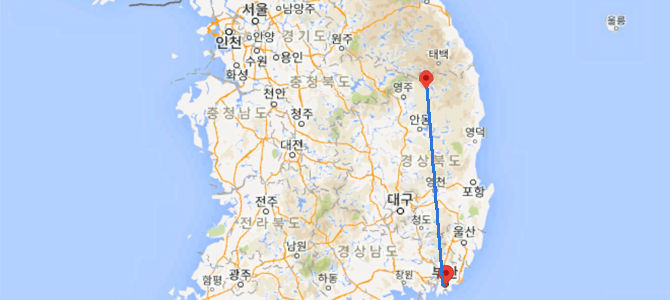 봉화에서 부산상공회의소까지의 거리를 보여주는 지도