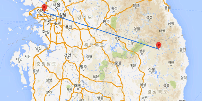 봉화에서 경기도 부천시까지의 거리를 보여주는 지도