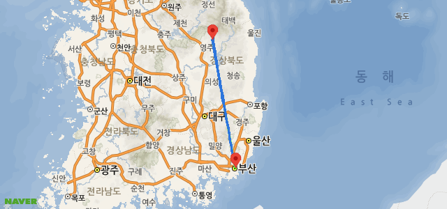 봉화군에서 부산시연제구청까지의 거리를 보여주는 지도