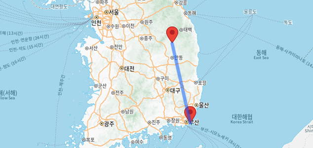 봉화에서 부산 해운대구까지 거리를 보여주는 지도
