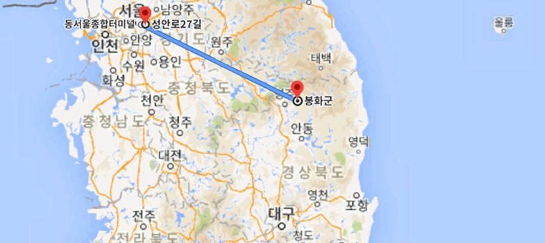 봉화에서 서울강동구청까지의 거리를 보여주는 지도