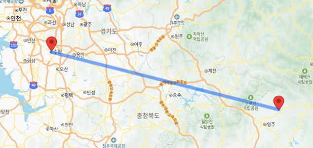 봉화에서 경기도 수원시까지 거리를 보여주는 지도