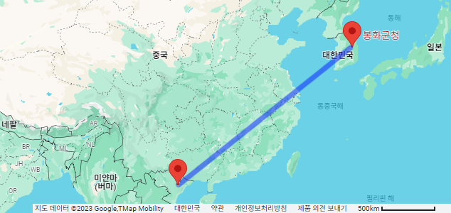 봉화에서 뜨선시까지의 거리를 보여주는 지도