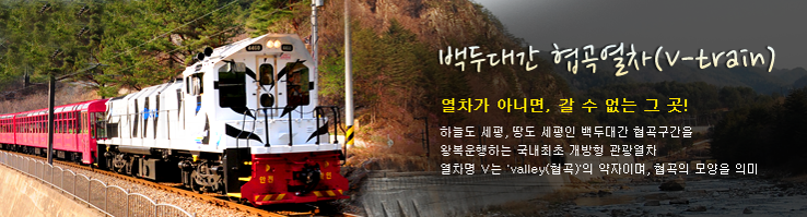 백두대간협곡열차(V-train) 열차가 아니면, 갈 수 없는 그 곳! 하늘도 세평, 땅도 세평인 백두대간 협곡구간을 왕복운행하는 국내최초 개방형 관광열차. 열차명 v는 'valley(협곡)'의 약자이며, 협곡의 모양을 의미