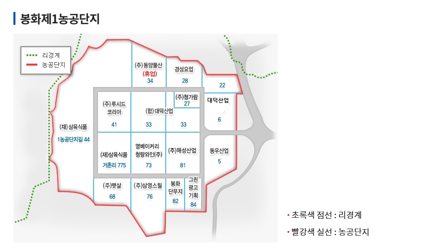 리경계, 농공단지, (재)삼육식품1농공단지길44, (주)동양물산(휴업) 34, 경성요업 28, (주)루시드코리아 41, (합)대덕산업 33, (주)청가람 27, 대덕산업 6, (재)삼육식품 거촌리775, 영베이커리청량와인(주) 73, (주)해성산업 81, 동우산업 5, (주)햇살 68, (주)삼영스틸 76, 봉화단무지 82, 그린광고기획 84 를 나타낸 봉화 제1농공단지입니다.