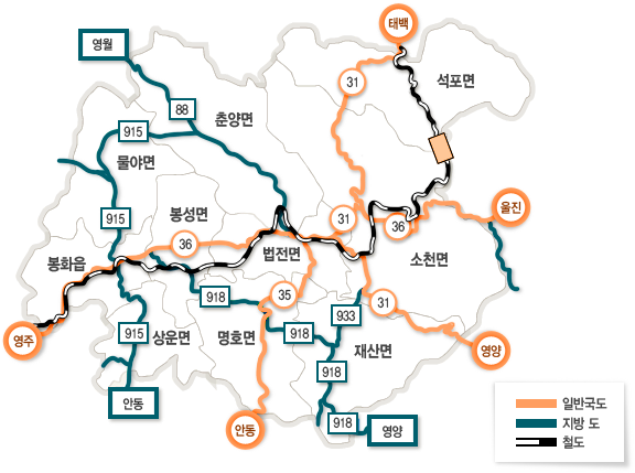 봉화군1개읍과 9면의 도로/교통지도(일반국도 영주·울진 36번,안동 35번,태백·영양31번),(지방도 영월88번,안동915번,영양918번·933번),(철도 영주에서 태백)