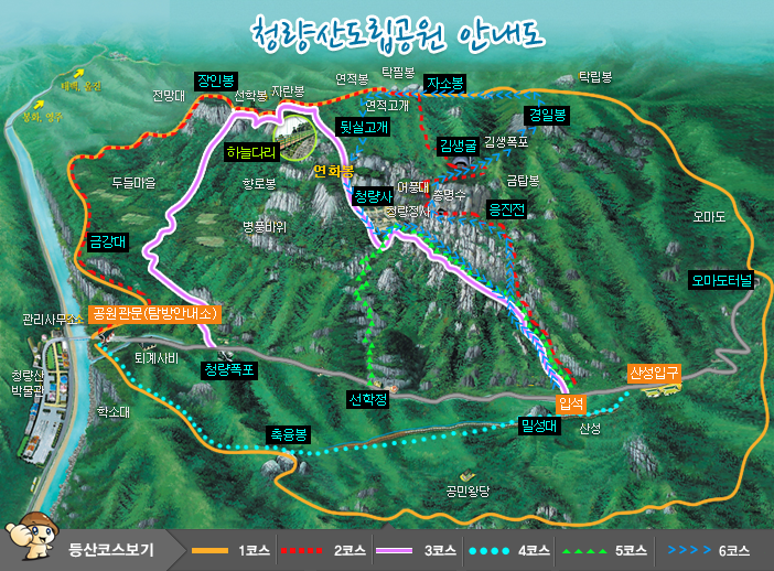 청량산도립공원 안내도 : 1코스(주요경과지점으로는 안내소, 축융봉, 오마도터널, 경일봉, 자소봉, 하늘다리, 장인봉, 금강대, 안내소), 2코스(주요경과지점으로는 입석, 응진전, 김생굴, 자소봉, 하늘다리, 장인봉, 금강대, 안내소), 3코스(주요경과지점으로는 입석, 청량사, 뒷실고개, 하늘다리, 장인봉, 청량폭포), 4코스(주요경과지점으로는 산성입구, 밀성대, 축융봉, 학소대, 안내소), 5코스(주요경과지점으로는 입석, 청량사, 선학정),6코스(주요경과지점으로는 입석, 응진천, 경일봉,지서벙,연적봉,청량사,입석)