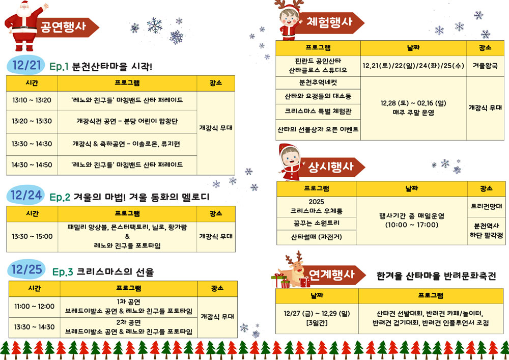 공연행사 ▷ 12/21 Ep.1 분천산타마을 시작! (시간 / 프로그램 / 장소) 13:10 ~ 13:20 / '레노와 친구들' 마칭밴드 산타 퍼레이드 / 개장식 무대, 13:20 ~ 13:30 / 개장식전 공연 - 분당 어린이 합창단 / 개장식 무대, 13:30 ~ 14:30 / 개장식&축하공연 - 이솔로몬, 류지현 / 개장식 무대, 14:30 ~ 14:50 / '레노와 친구들'마칭밴드 산타 퍼레이드 / 개장식 무대. 12/24 Ep.2 겨울의 마법! 겨울 동화의 멜로디 (시간 / 프로그램 / 장소) 13:30 ~ 15:00 / 패밀리 앙상블, 몬스터팩토리, 닐로, 황가람&레노와 친구들 포토타임 / 개장식 무대. 12/25 Ep.3 크리스마스의 선물 (시간 / 프로그램 / 장소) 11:00 ~ 12:00 / 1차 공연 브레드이발소 공연 & 레노와 친구들 포토타임 / 개장식 무대, 13:30 ~ 14:30 / 2차 공연 브레드이발소 공연 & 레노와 친구들 포토타임 / 개장식 무대. 체험행사 ▷ (프로그램 / 날짜 / 장소) 핀란드 공인산타 산타클로스 스튜디오 / 12.21(토), 22(일), 24(화), 25(수) / 겨울왕국, 분천추억네컷·산타와 요정들의 대소동·크리스마스 특별 체험관·산타의 선물상자 오픈 이벤트 / 12.28(토) ~ 02.16(일) 매주 주말 운영 / 개장식 무대. 상시행사 ▷ (프로그램 / 날짜 / 장소) 2024 크리스마스 우체통 / 행사기간 중 매일 운영(10:00 ~ 17:00) / 트리전망대, 꿈꾸는 소원트리 / 행사기간 중 매일 운영(10:00 ~ 17:00) / 분천역사 하단 팔각정, 산타썰매(자전거) / 행사기간 중 매일 운영(10:00 ~ 17:00) / 분천역사 하단 팔각정. 연계행사 ▷ 한겨울 산타맘을 반려문화축전 (날짜 / 프로그램) 12/27(금) ~ 12/29(일)[3일간] / 산타견 선발대회, 반려견 카페/놀이터, 반려견 걷기대회, 반려견 인플루언서 초청.