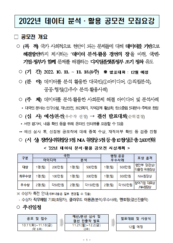 1.2022년 데이터 분석·활용 공모전 모집